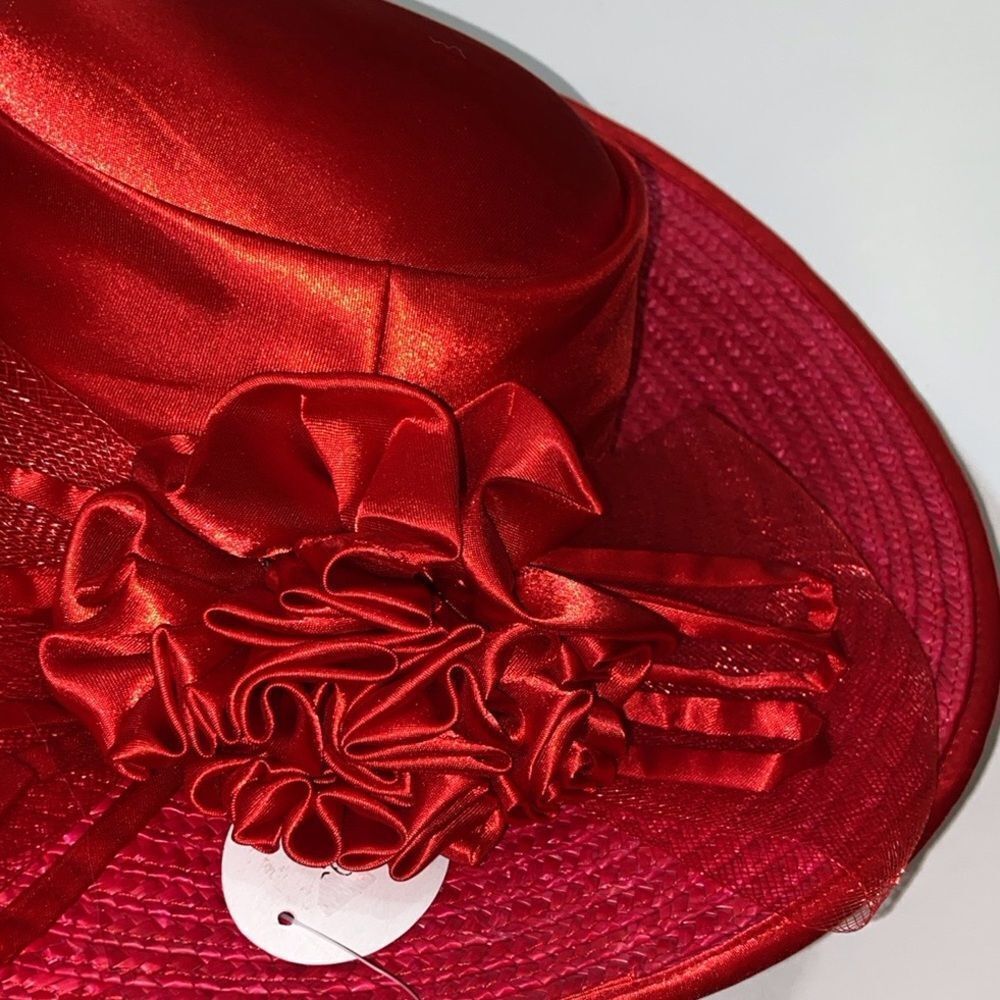 Liya 💯 Straw Women’s Elegant Red Wide-Brimmed Hat With Floral Embellishments - Picture 7 of 14